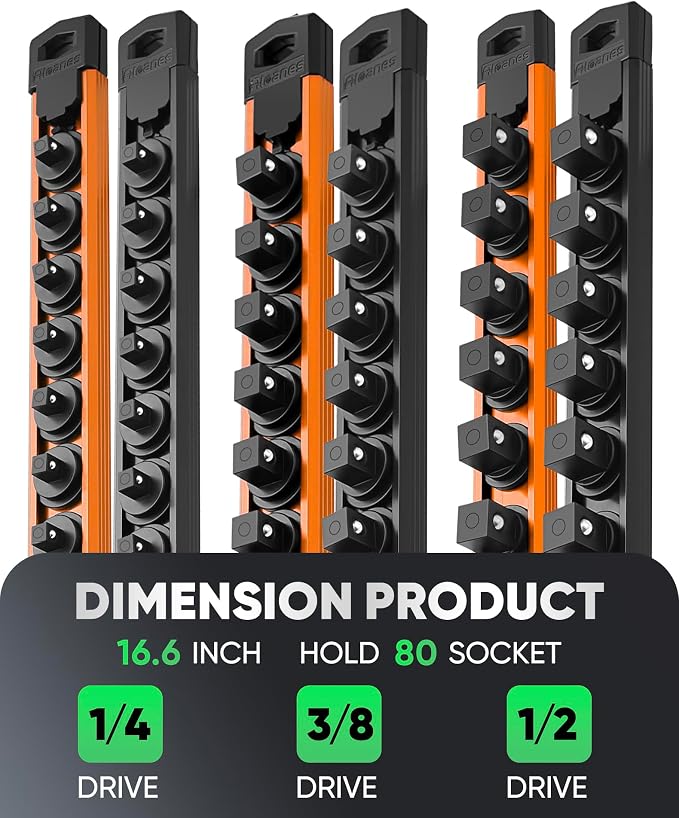 ALOANES Magnetic Socket Organizer Set, 6PC Heavy Duty Aluminum Socket Holder Organizer, 360° Swivel Clips Socket Holder Kit for Toolbox Drawer Fit 1/2, 3/8, 1/4-Inch x 80 Clips (Orange&Black, 6PC)