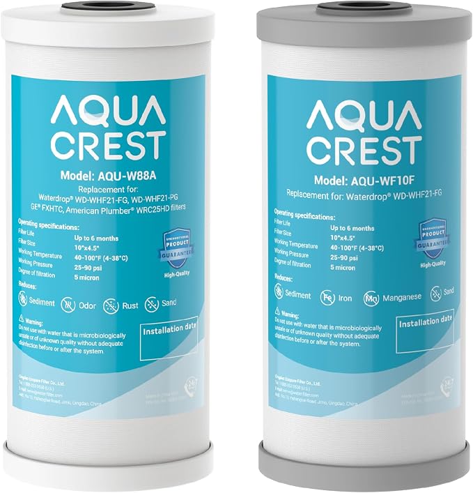AQUA CREST WF10FG Whole House Water Filter, Compatible with WHF21-FG, GE GXWH40L, FXHTC, Ispring, Culligan® RFC-BBSA, Whirlpool®, Any 10" x 4.5" System, Reduces Iron and Manganese
