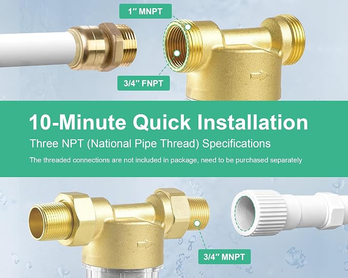 40/100/200 Micron Spin Down Sediment Filter, Pre-Filtration System for City/Well Water, Reusable Brass Whole House Sediment Water Filter, 1'' MNPT + 3/4'' FNPT + 3/4'' MNPT