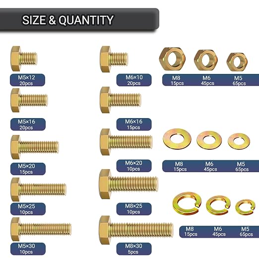 540 pcs Metric Bolt and Nut Set - M5/M6/M8 Class 8.8 Heavy Duty Hexagon Bolts and Nuts Assortment Kit with Yellow Zinc Plated Coating