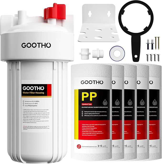 1 * 10 * 4.5 Whole House Water Filter Housing +5 * 5 Micron 10"x4.5" PP Sediment Filters for Well and City Water Combo
