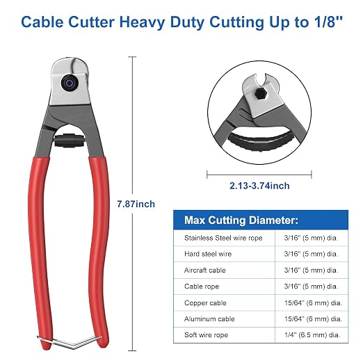 BLIKA 8 Inch Cable Cutter Wire Cutter Heavy Duty Up to 1/8" 5/32" Stainless Steel Aircraft Wire Rope for Deck Stair Cable Railing Metal Fence Bicycle Brake Bike