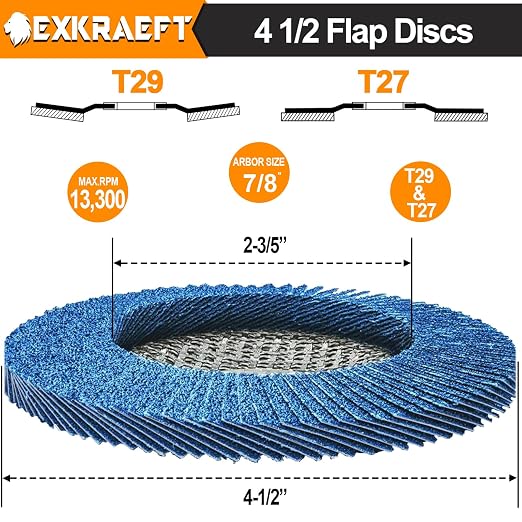 EXKRAEFT Flap Discs 4 1/2 for Angle Grinder, 50pcs Grinder Sanding Disc | 40/60/80/120 Grit T29 & 40 Grit T27 Angle Grinder Sanding Disc Set, Zirconia Flap Disc for Metal, Wood