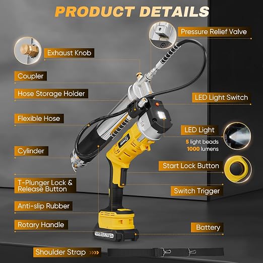 Saker Electric Grease Gun,5.3 oz/min Cordless Grease Gun Kit with 2 Batteries,2-in-1 Design Effortless for Farmers,Equipment Operators and Owners,10,000 PSI Battery Powered Greases Gun