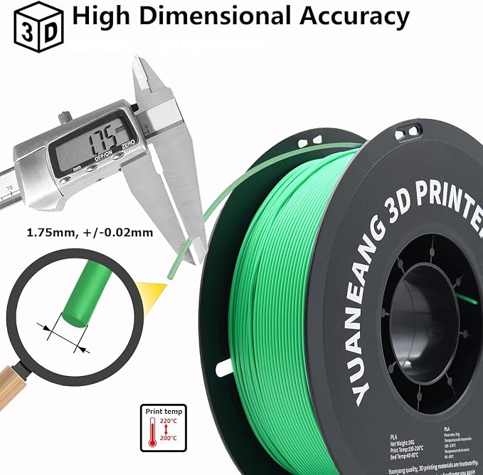 Green PLA 3D Printer Filament 1.75mm, 1kg Spool, ±0.03mm Precision, Low-Warp & Easy Printing, Ideal for Models, Crafts, Prototypes, Decorations & Nature-Themed Prints