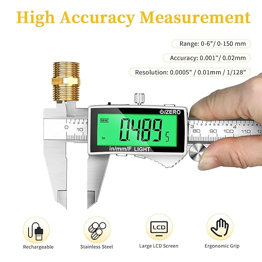 Rechargeable Digital Caliper 6 Inch, Large Backlit LCD Display, Stainless Steel Electronic Vernier Dial Calipers Measuring Tool, Inch/MM/Fraction, Auto-Off Micrometer for DIY, Household, 3D Printing