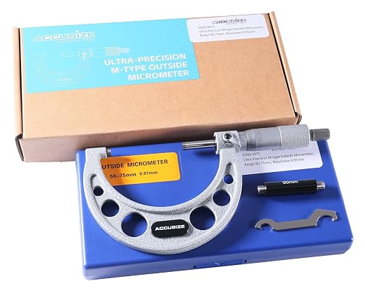 Accusize Industrial Tools Outside Micrometer, 50-75mm, EG00-0075 | 50-75mm, Ultra-Precision, Carbide Tipped, M-Type, Resolution 0.01mm, Ratchet Friction Thimble, Solid Storage Case