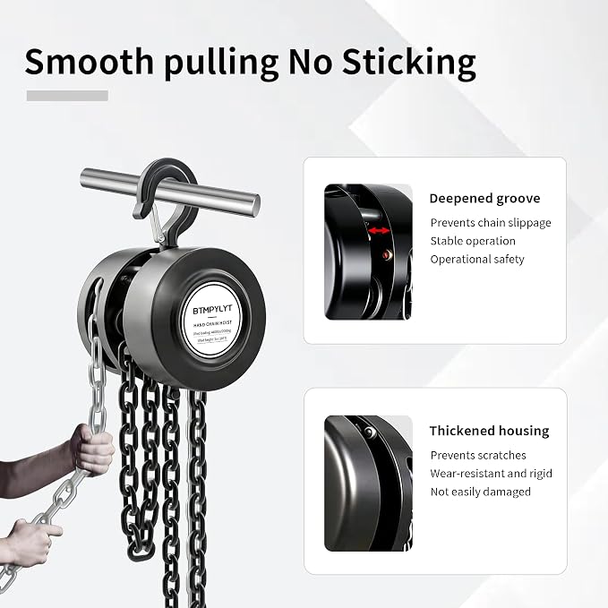 1 Ton Manual Chain Hoist, 10ft Lift Height, 2200 Lbs Capacity with Heavy Duty Hooks, Black Hand Chain Block for Warehouse, Garage, Workshop