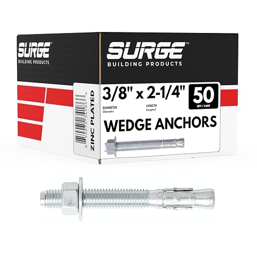 3/8" x 2-1/4" Zinc-Plated Wedge Anchors for Concrete and Cement | Heavy-Duty 3/8 Concrete Anchors (Box of 50)