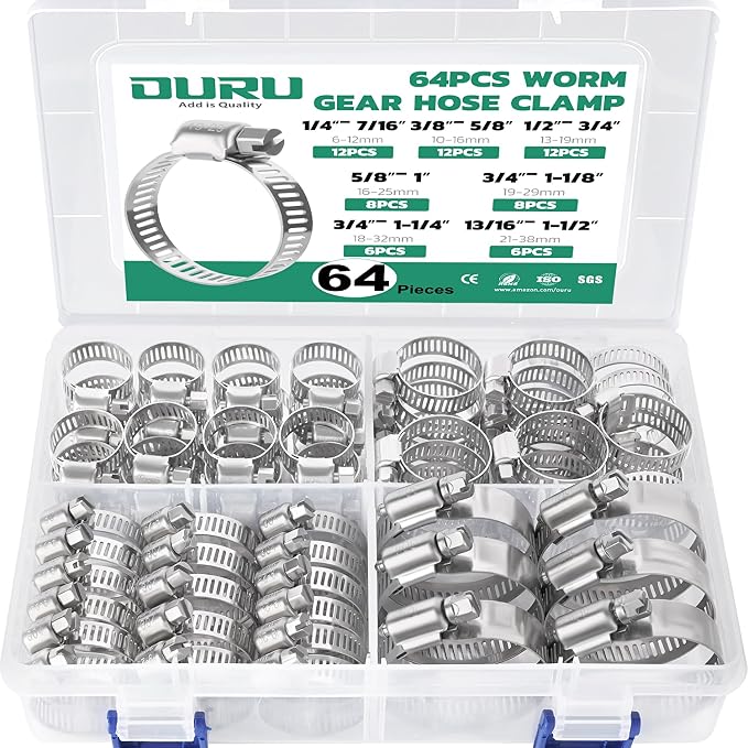 OURU 64PCS Hose Clamps Stainless Steel Assortment Adjustable 1/4"-1-1/2"(6-38mm) Worm Gear Hose Clamp, Heavy Duty Metal Small Hose Clamps for Automotive, Pipe, Radiator Plumbing, Fuel Line