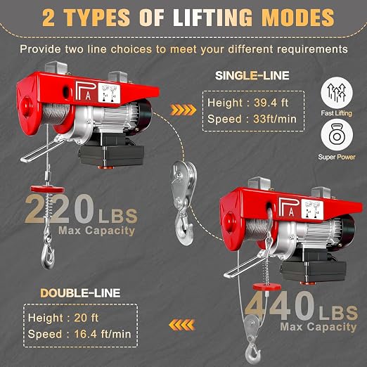 YATOINTO Wireless Electric Hoist, 440lbs Electric Winch with 328 ft Wireless Remote Control, Hoist Single/Double Slings with Emergency Stop, 110V Lift Hoist for Garage Warehouse Factory