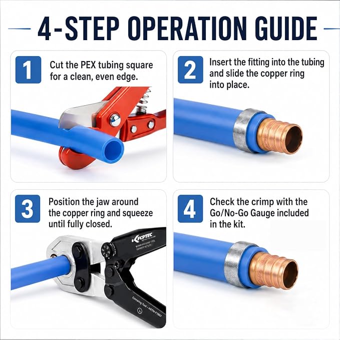 KF CPTEC PEX Crimping Tool Kit for ASTM F1807 Copper Crimp Ring Systems, 1/2 Inch & 3/4 Inch PEX Crimper with PEX Cutter and Go/No-Go Gauge, Plumbing Tool Set for PEX-B Pipe