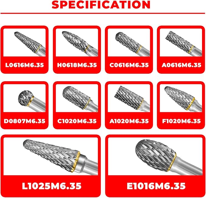 Tungsten Carbide Burr Set 1/4" Shank 10PC Double Cut Rotary Cutting Burrs Die Grinder Bits for Steel and Wood Working, Grinding, Carving, and Engraving
