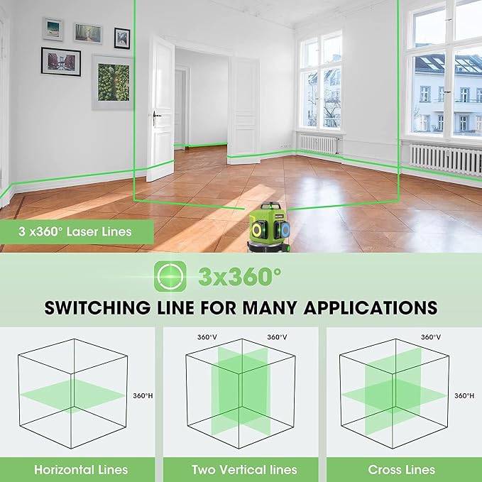Laser Level Self Leveling 3x360° 3D Green Cross Line for Construction and Picture Hanging, Rechargeable battery, Remote Controller, Magnetic Rotating Stand Included