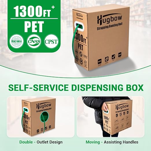 Heavy Duty PET Strapping Banding Roll, 5/8"x1300' Packaging Strapping Banding Roll, 1500 lbs Break Strength, Pallet Strapping Banding Strapping Coil with 150 PCS Metal Seals &SelfDispensing Box