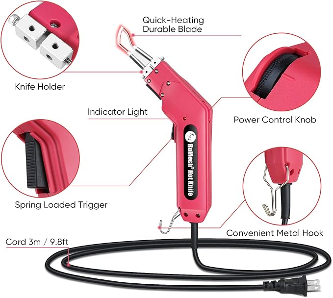 ROMECH 100W Fabric Cutter Rope Cutter, Pro Electric Hot Knife Heat Sealer with Adjustable Power, Cutting Tool Kit with Blades & Accessories (100W, RM-014)