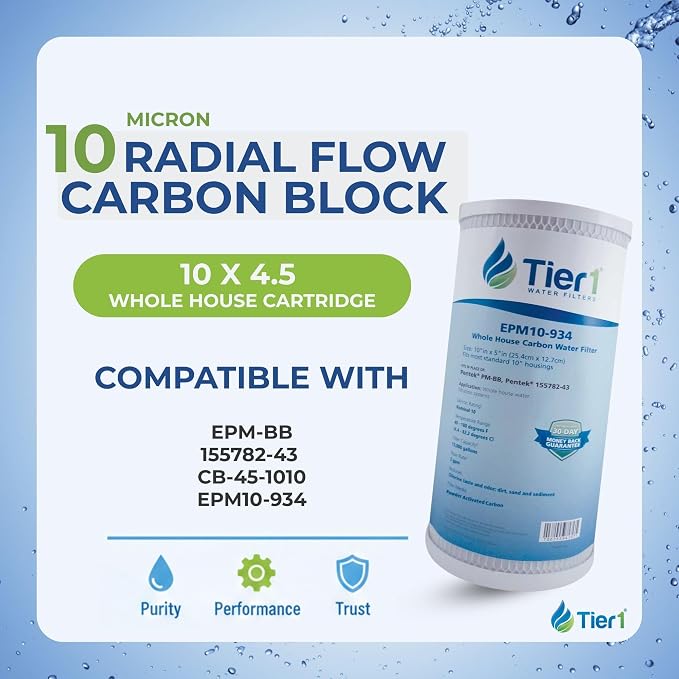 Tier1 10 Micron 10 x 4.5 Water Filter | Whole House Carbon Block Water Filter Replacement Cartridge | Replacement for Pentek EPM-BB, 155782-43, CB-45-1010, EPM10-934 | 4.5 x 10 Water Filter (6-Pack)
