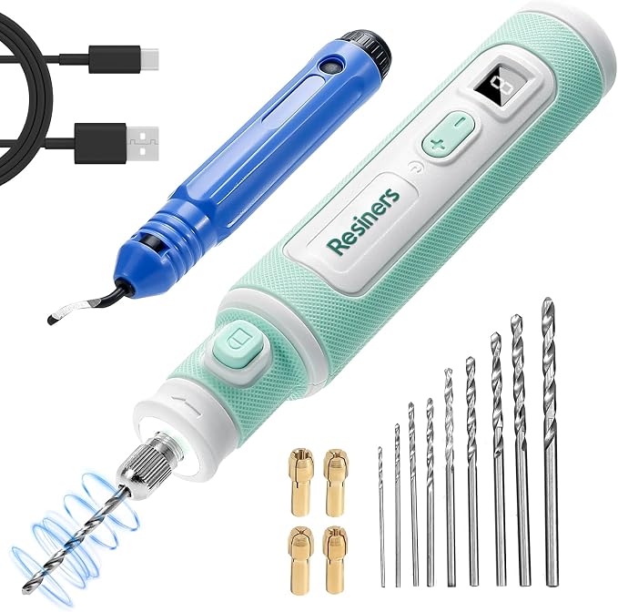 Resiners Electric Resin Drill Pen, Cordless Rotary Tool Kit, 8-Speed Adjustable, Rechargeable 15pcs Jewelry Making Kit with Light Illumination for Resin Molding, Plastic, Wooden DIY Crafts