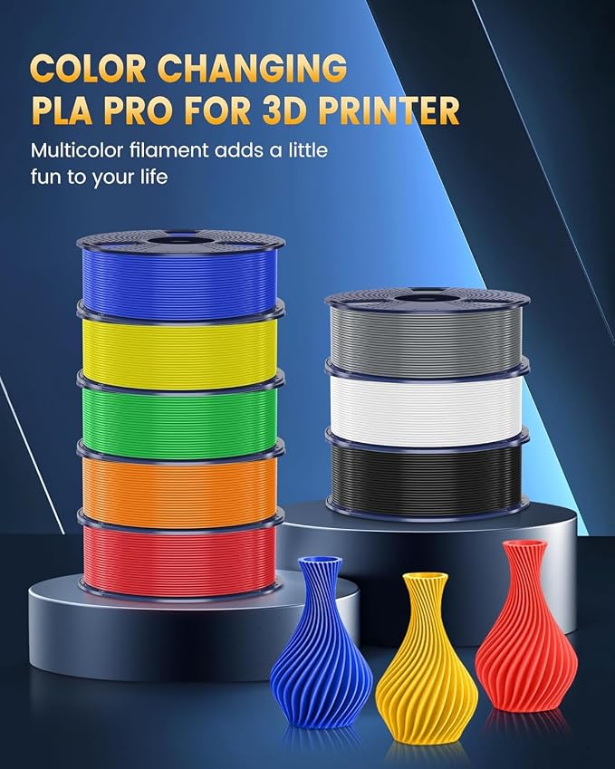SUNLU PLA+2.0 3D Printer Filament Bundle, Multicolor PLA+ Filament 1.75mm, Individually Vacuum Packed, 0.25kg per Spool, 8 Pack, 2kg Total, Black+White+Grey+Blue+Red+Yellow+Olive Green+Orange