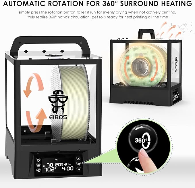 【EIBOS Upgraded 2026】 3D Printer Filament Dryer Box Polyphemus with Fan, Spool Dry Box with Auto-Rotation, Auto-Humidity Hold, Large Space for 3KG Spools, for Nylon, PLA, TPU, 360° Heating, Up to 80℃