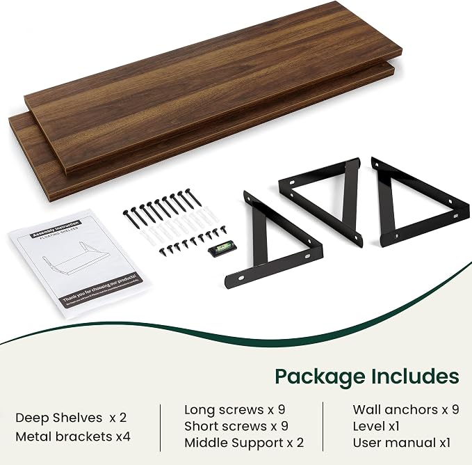 Floating Shelves 12 Inch Deep, 48W x 12D Wall Shelf Set of 2, 70 lbs Heavy Duty Reversible Metal Brackets, Deep Industrial Book Shelf for Living Room Kitchen Bath Bedroom Coffee Bar, Walnut