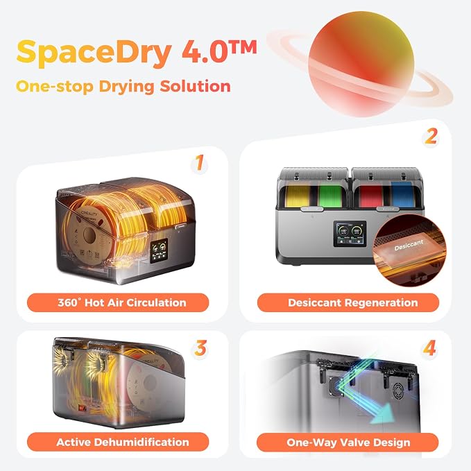 Official Creality Filament Dryer 4 Spools Fathers Day Gift, Space Pi X4 Filament Storage Box, 85℃ Max Temperature, Dual Independent Heating Chambers, Power Saving for PLA PETG ABS TPU ASA PC PA PAHT
