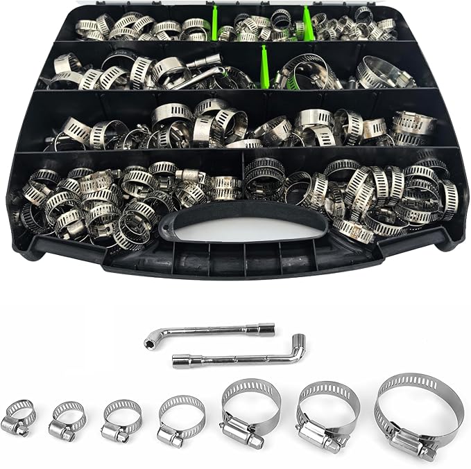 Hose Clamps 185PCS Assortment Kit, 304 Stainless Steel, Radiator Hose Clamps, Multi-size Adjustable Range 1/4-2in(6-51mm) with 2pcs Socket Wrench for Automotive, Plumbing, Intercooler