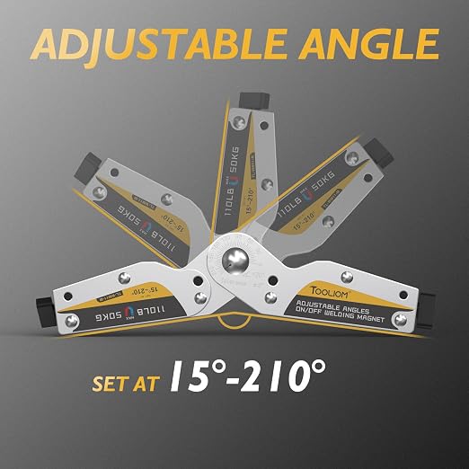 TOOLIOM Adjustable Angle On/Off Welding Magnet 15°-210° Angle Magnetic Welding Holder 110LB/50KG Pull Force Welding Accessory