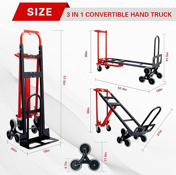 3 in 1 Industrial Convertible Hand Truck Dolly,1000 LBS Capacity Stair Dolly,Stair Climbing Hand Trucks Heavy Duty with Solid Wheels for Moving,Transport in Warehouses,Factory(Red)