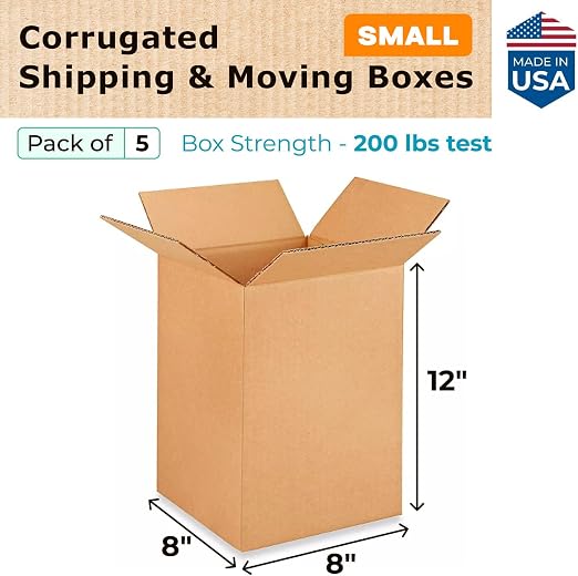 Small Moving & Shipping Boxes 8 x 8 x 12 inches (5-Pack) - Extra Strength 200 lb vs Regular - USA-Made Corrugated Packing Boxes for USPS/FEDEX - Cardboard Shipping Box - Package Box by IDL Packaging
