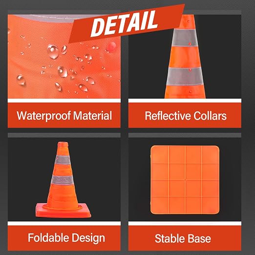 RoadHero 18 Inch 20 Pack Collapsible Traffic Safety Cones, Multi Purpose Pop-up Cones with Reflective Collar for Road Safety, Orange Cones for Driving Training, Parking Lots