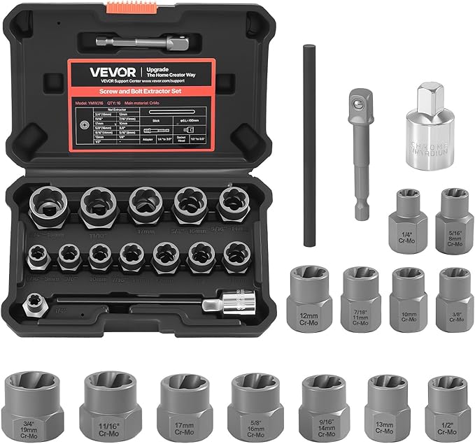 VEVOR Bolt Extractor Kit, 16 Pieces Impact Bolt & Nut Remover Set with Adapters and Pin Punch, Solid Storage Case, Cr-Mo Steel for Removing Damaged, Rusted, Stripped, Rounded Bolts, Nuts and Screws