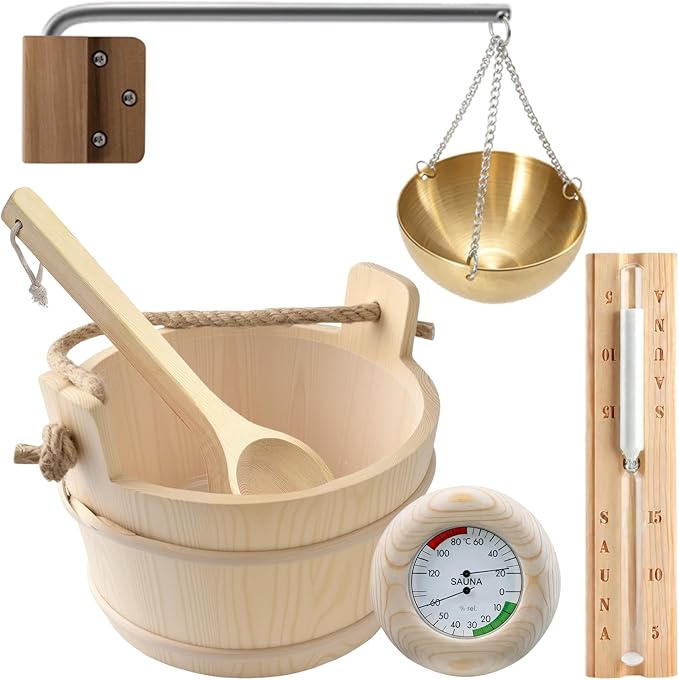 Sauna Bucket and Ladle Set, Handmade from Pine Wood - Core Set (Bucket & Ladle, Thermometer & Hygrometer, Sand Timer, Aromatherapy Bowl Oil Cup) (Pine)