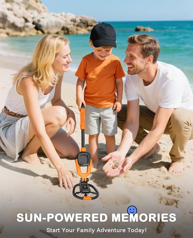SUNPOW Kids Metal Detector with Treasure Animation & Waterproof Coil - Adjustable Stem (23.6”-27.6”) - Kit Includes Shovel, Rake, Bag - Ideal Gift for Boys & Girls 6-12 for Beach, Park, Backyard -MD20