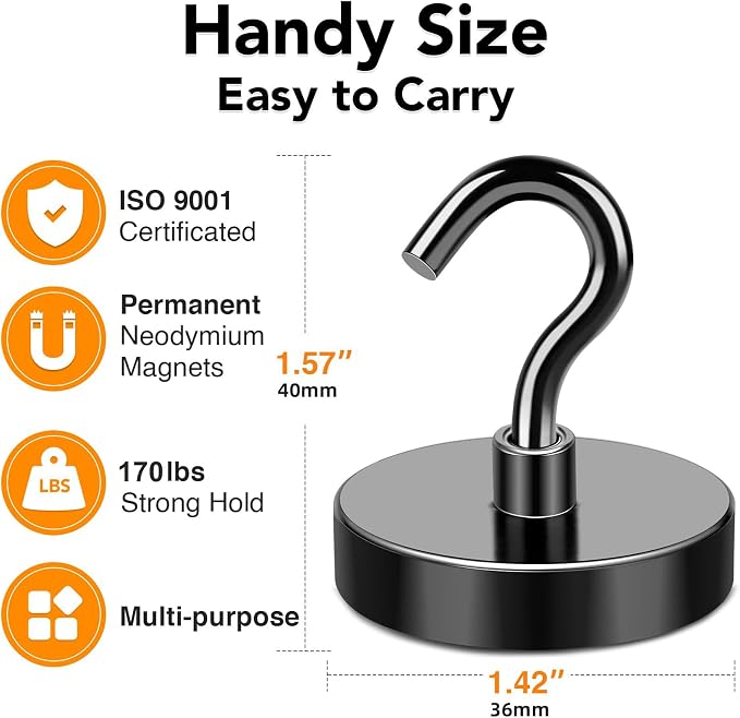 MIKEDE Magnetic Hooks 150LB Super Strong Magnet Hooks | Heavy Duty for Cruise Essentials Black Neodymium Earth Magnets with Hook for Hanging Metal Hanger for Fridge Toolbox 4 Pack