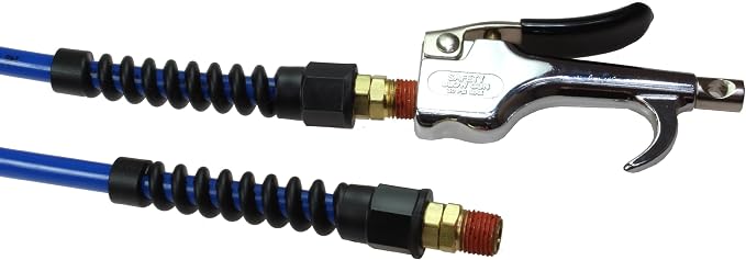 Coilhose Pneumatics 600-PU15B-B 600 Series Blow Gun with Flexcoil Polyurethane Coiled Air Hose, 1/4-Inch ID, 15-Foot Length with (2) 1/4-Inch Reusable Strain Relief MPT Swivel Fittings, Dark Blue