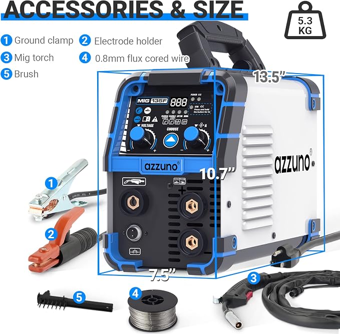 AZZUNO 135A MIG Welder & Welding Helmet Auto Darkening with True Color Large Viewing 3.94"×3.82", 3 in 1 Multiprocess Welder 110V MIG Welder Machine Flux MIG/Lift TIG/Stick Welding Machine