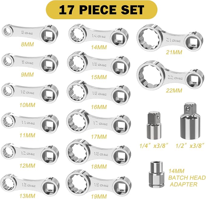 ANPUDS 17 Pcs Metric Torque Adapter Set, 8-22mm, 12-Point Extension, 3/8" | 1/2''+1/4'' + Bit Adapter, Cr-Mo Steel, Torque Wrench Adapter, for Engine Bay, Brake, Suspension & Tight Access, Silver