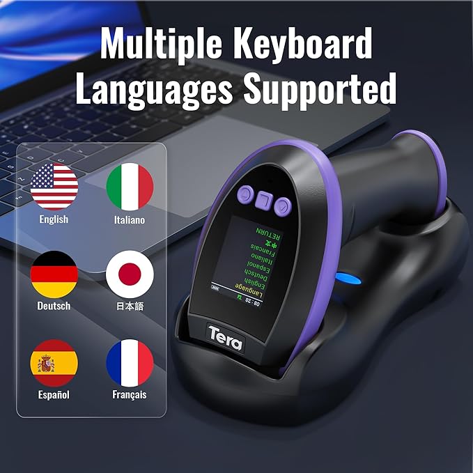 Tera Barcode Scanner Wireless with Screen: Pro Version 1D 2D QR with Setting Keypad Charging Cradle Works with Bluetooth 2.4G Wireless USB Wired Handheld Bar Code Reader HW0009 Purple