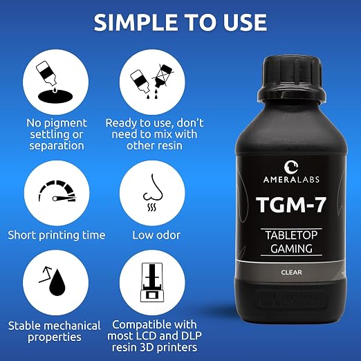 TGM-7 3D Printer Resin for 4K/8K/12K LCD/DLP/SLA UV Resin 3D Printers – Tough, High Resolution, Low Odor, Fast Curing Printing Liquid, 405nm, Great for Tabletop Miniatures (Clear, 1kg)