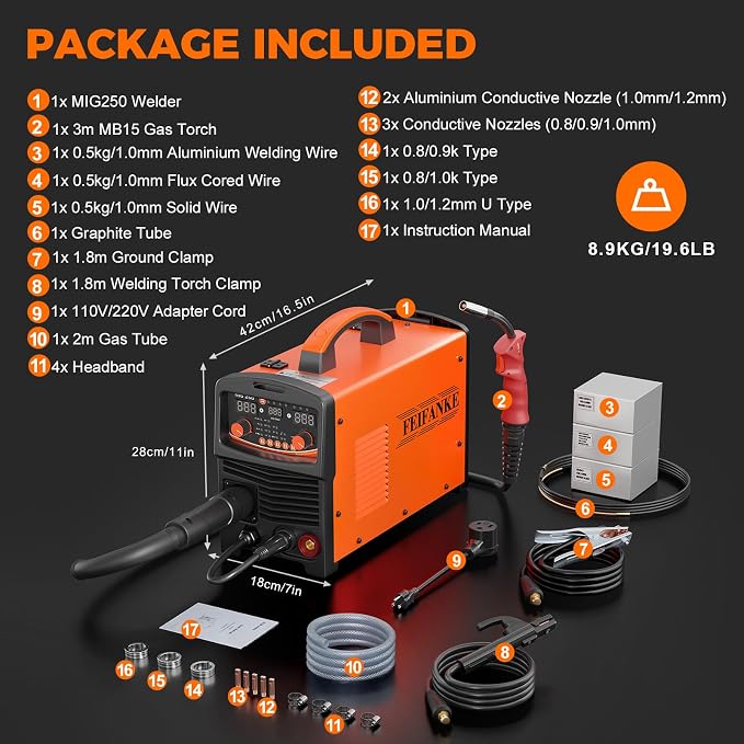 250A Aluminum Pulsed MIG Welder 110V/220V, 6 in 1 Gasless Flux Core MIG/Gas MIG(MAG) /Single Pulse MIG/Lift TIG/Stick/2T 4T Spot Multiprocess Welder with Synergic/Manual Control Welding Machine