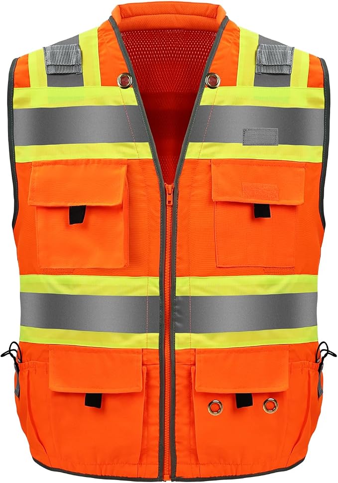 Surveyor Safety Vest with 8 Pockets, ANSI Class 2 High Visibility Vest for Men & Women
