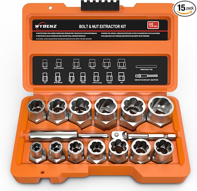 15 PCS Bolt Extractor Set, 3/8" Drive Impact Bolt & Lug Nut Remover Socket Tool Kit, Stripped Bolt Extractor Socket Set For Broken,Damaged, Frozen, Studs, Rusted, Rounded-Off Bolts, Nuts & Screws