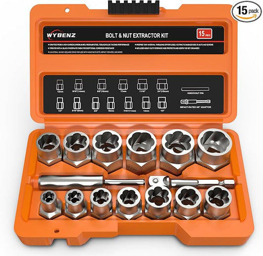 15 PCS Bolt Extractor Set, 3/8" Drive Impact Bolt & Lug Nut Remover Socket Tool Kit, Stripped Bolt Extractor Socket Set For Broken,Damaged, Frozen, Studs, Rusted, Rounded-Off Bolts, Nuts & Screws