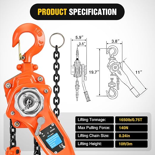 Nilight 3/4 Ton 1650 lbs Manual Lever Chain Hoist G80 Galvanized Carbon Steel with Weston Double-Pawl Brake Auto Chain Leading & 360° Rotation Hook for Garage Factory Dock