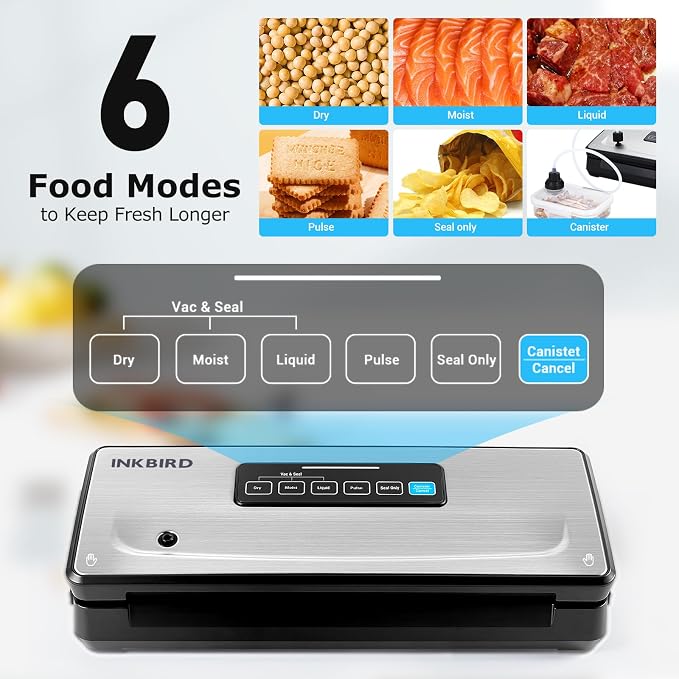Vacuum Sealer Machine with 55 Count 8''*12'' Food Sealer Bags and 11''*118'' Vacuum Roll, INKBIRD Vacuum Sealing Machine with Dry|Moist|Liquid|Pulse Sealing Modes for Food Preservation