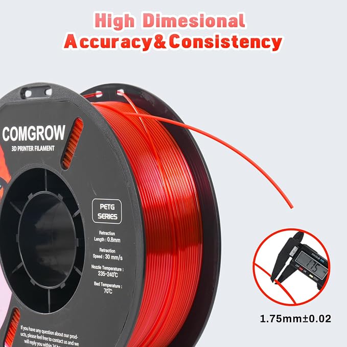 Comgrow PETG 3D Printer Filament 1.75mm, High Precision and Tough 3D Printer Filament 1kg (2.2LBS), Dimensional Accuracy +/- 0.02 mm, Fit Most 3D Printers Gradient Red White
