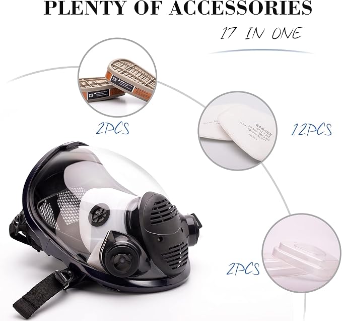 17in 1 Reusable Full Face Respirator Widely Used in Paint Sprayer, Chemical,Woodworking,Dust Protector