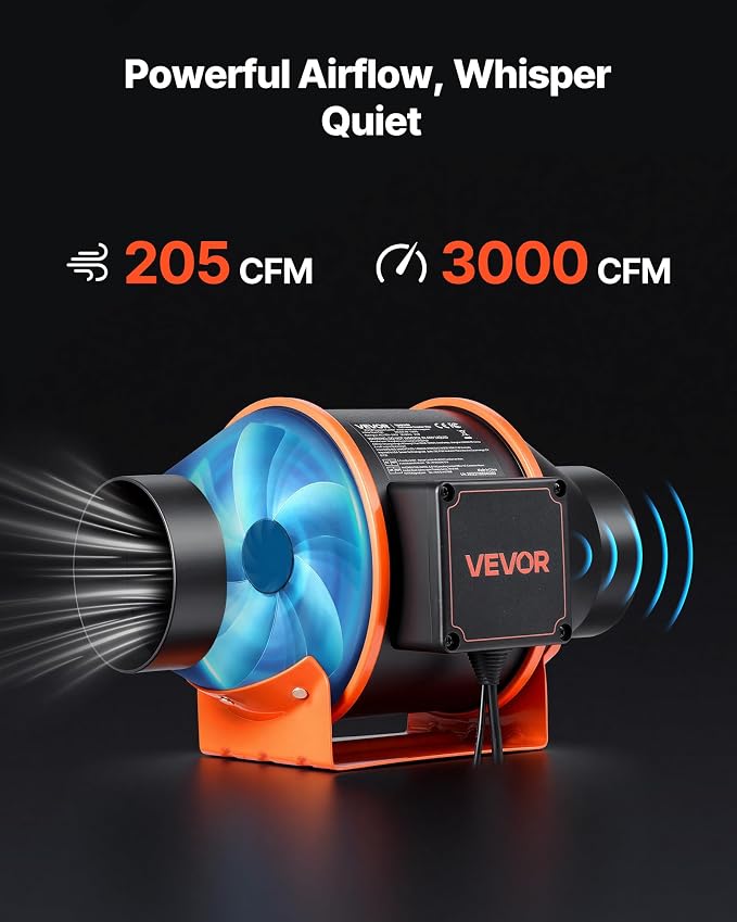 VEVOR Inline Duct Fan Kit with Carbon Filter, 205 CFM 4 inch EC Motor Ventilation Fan with 3-Speed Circulation, 10-Speed PWM Controller, Timer, Cooling for Grow Tents, Indoor Gardening, Hydroponics