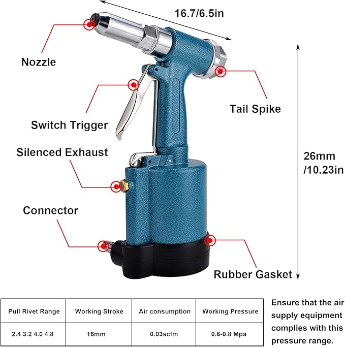 Vanwoke Pneumatic Rivet Gun,Air Pop Riveter Gun Tool Kit with 3/16",5/32", 1/8" and 3/32" Capacity Nosepieces with 40PCS Rivets,Heavy Duty Pop Pneumatic Riveter Riveting Tool
